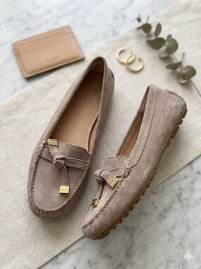 Coach Taupe Suede Tassel Loafers with Gold Accents Knot Driver
